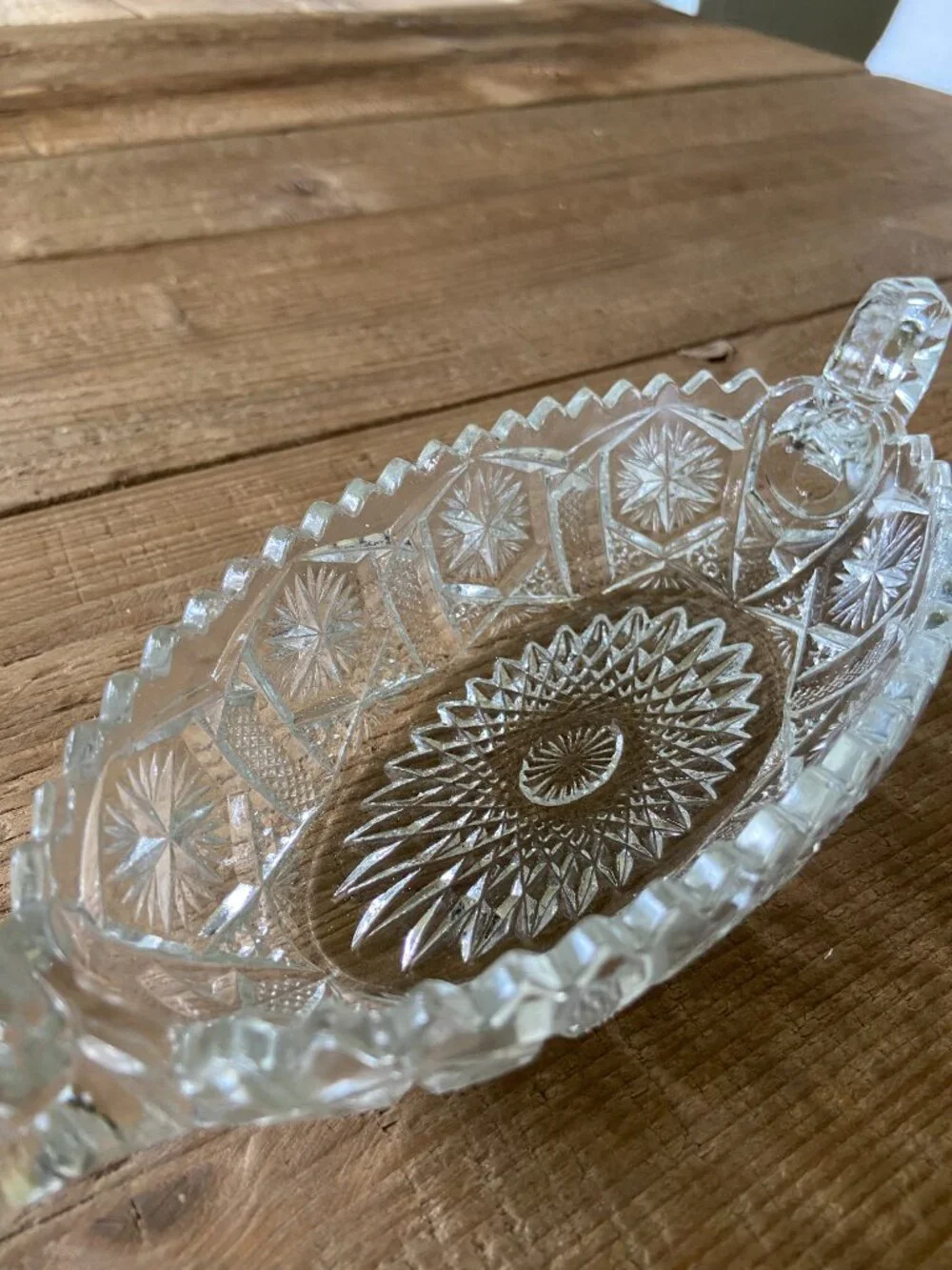 Vintage Cut Glass Canoe Boat Dish Starburst Pattern 6